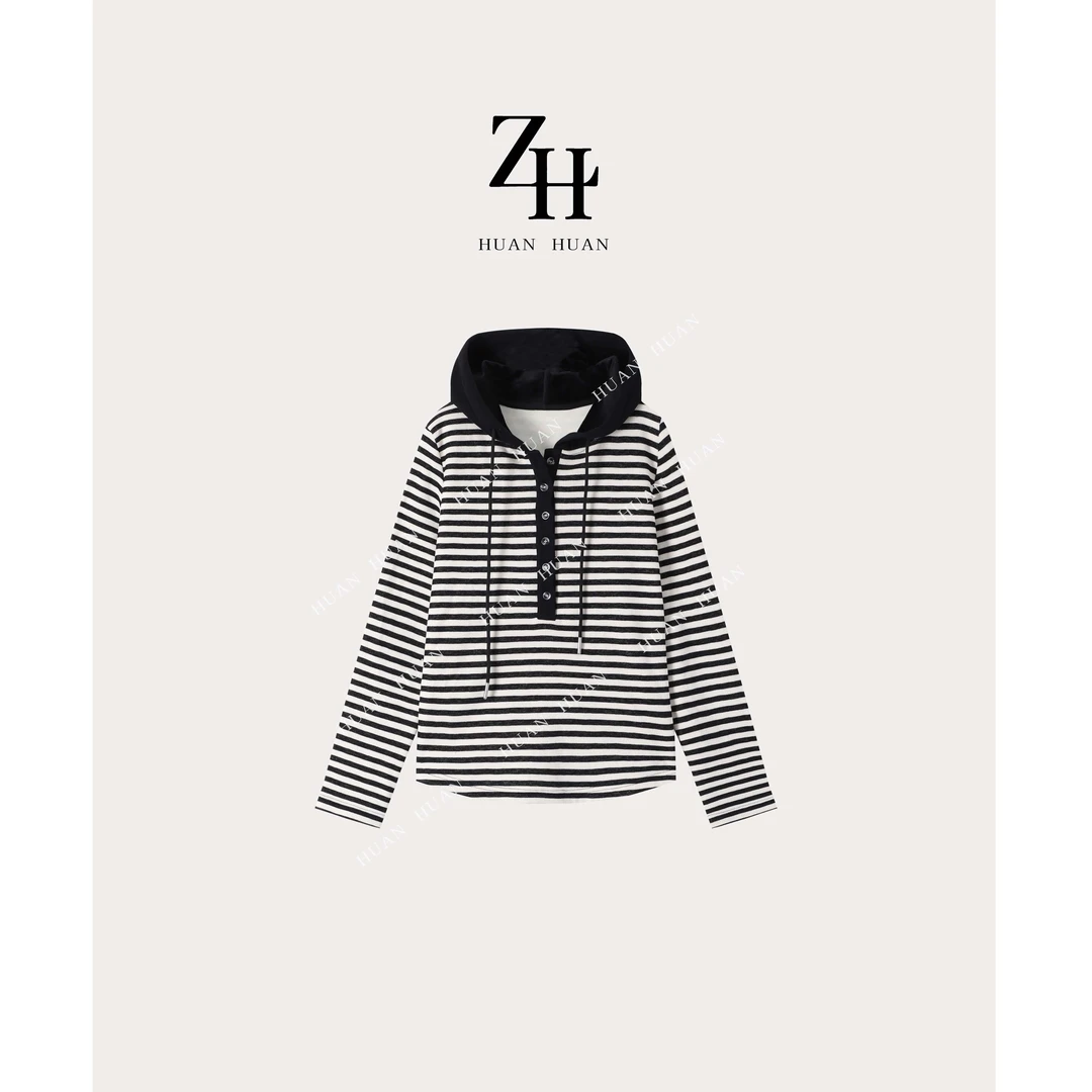 【ZH】简约设计感条纹连帽抽绳长袖卫衣 1533063
