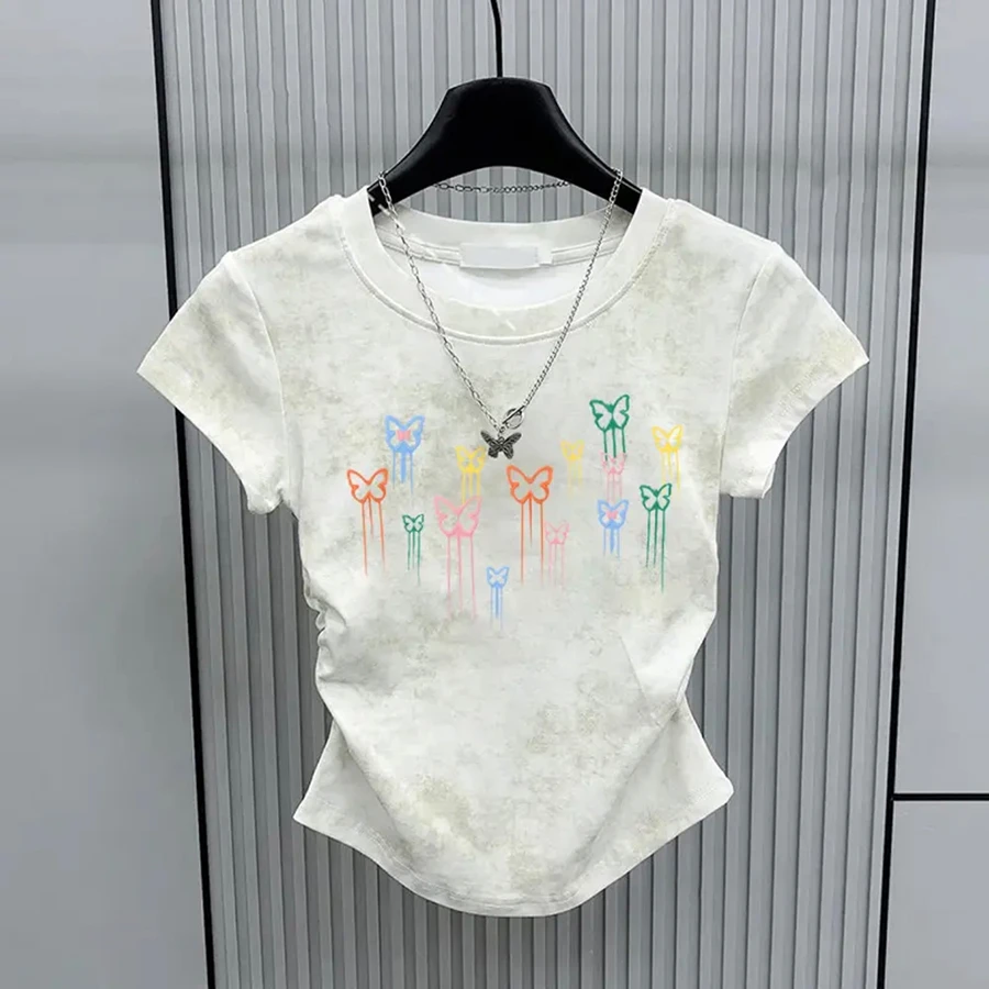 92棉扎染正肩短袖t恤女夏小众短款百搭显瘦褶皱收腰圆领上衣女