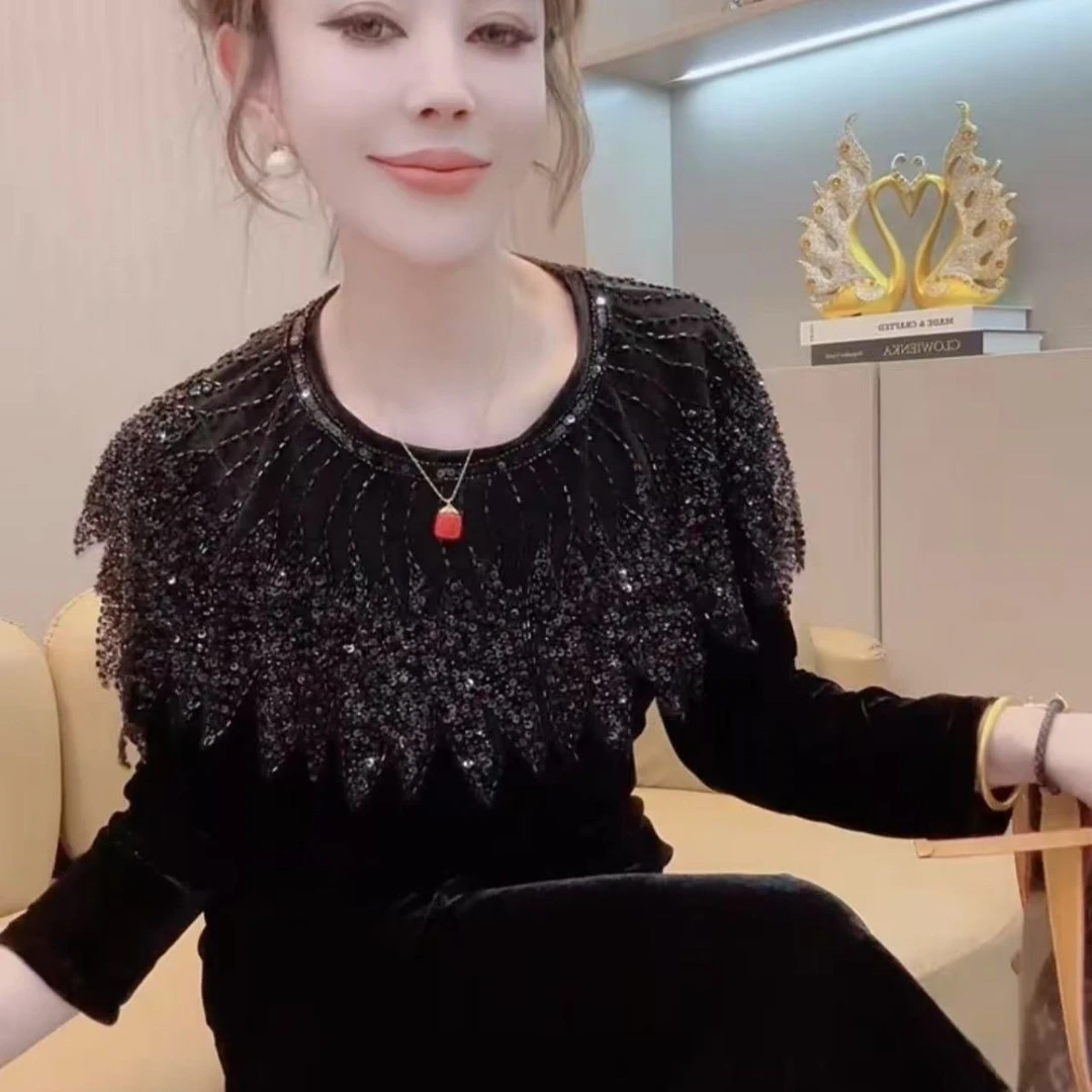 新款重工亮片气质秋季纯欲风女连衣裙长袖开叉遮肚子通勤