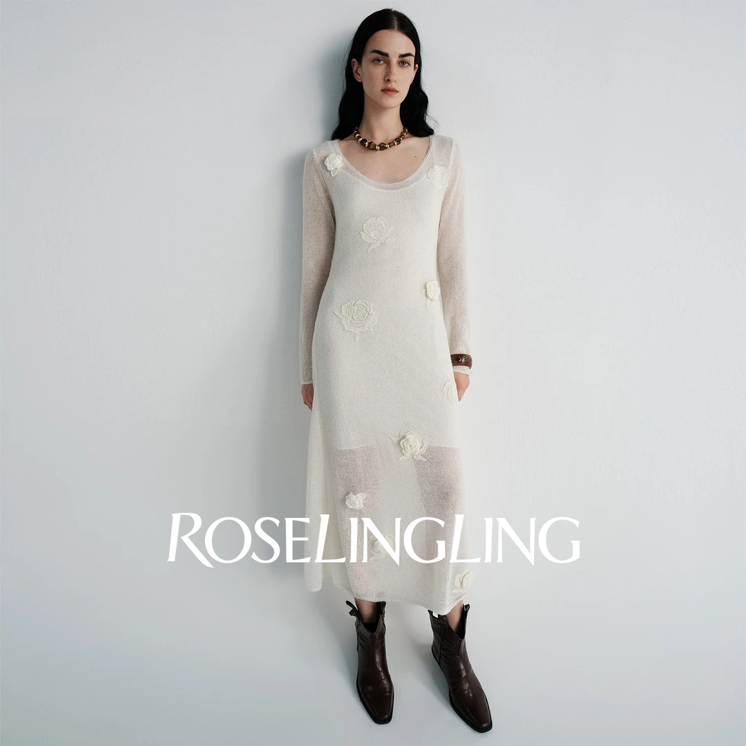 ROSELINGLING浪漫手工坊系列 珍稀马海毛立体感盘花玫瑰A摆连衣裙
