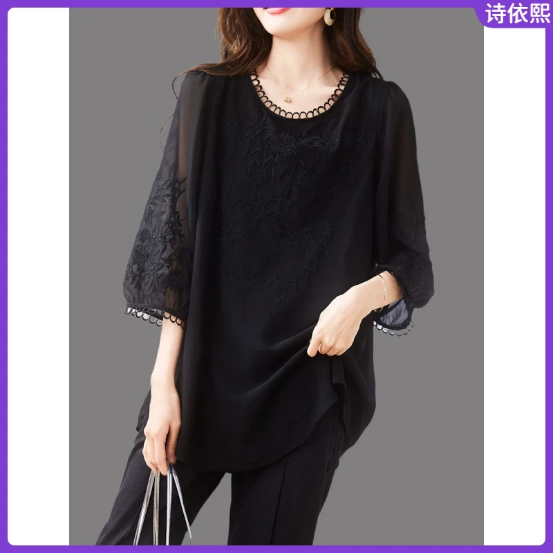 1黑色衬衫女短袖夏季妈妈洋气小衫大码宽松遮肚子上衣I