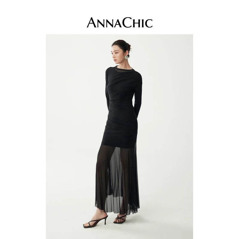 ANNACHIC黑色假两件网纱连衣裙女春季收腰显瘦法式拼接微透长裙子