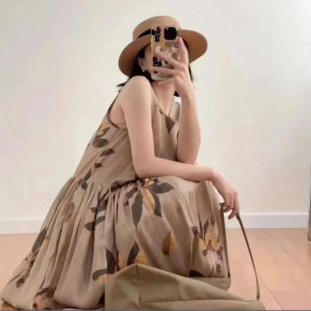 虎儿 4-7-2259 高级气质印花无袖心长裙