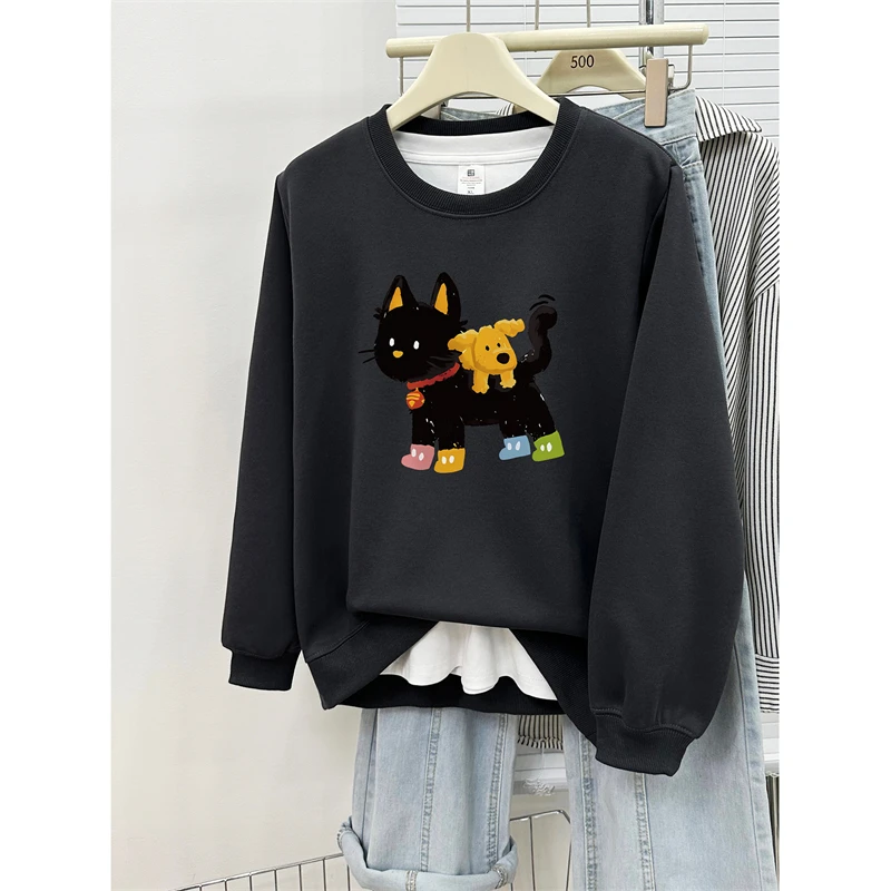 韩版慵懒风趣味小猫印花正肩卫衣女秋冬加绒加厚宽松大码圆领上衣