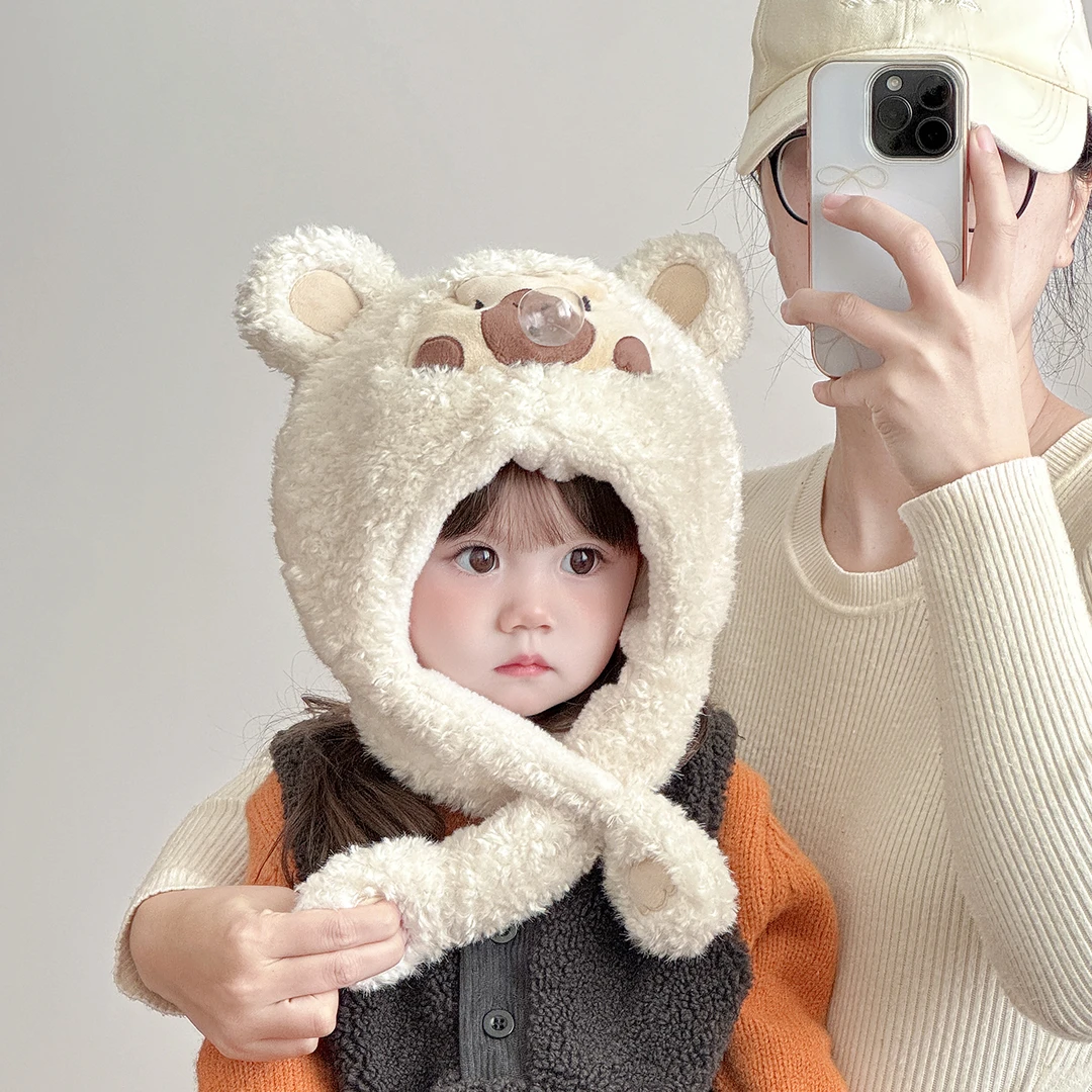 儿童帽子围巾一体帽秋冬季可爱一捏吐泡泡宝宝毛绒帽男女童护耳帽