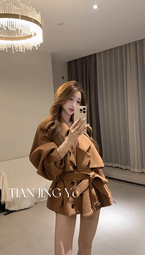 JINGYE/25~秋季新款麂皮绒双层领咖色外套