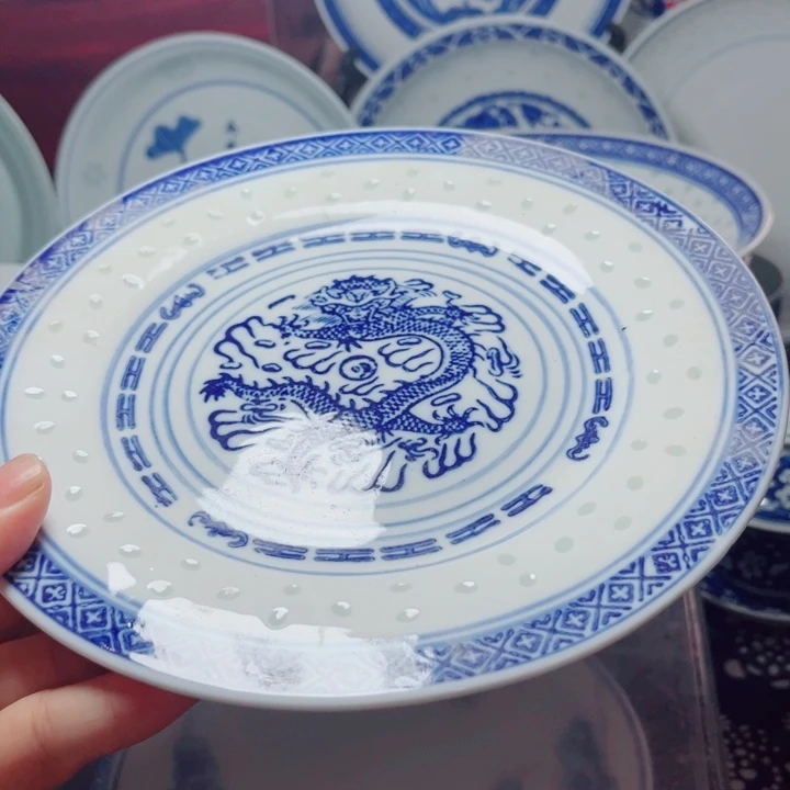 青花玲珑8寸平盘龙纹4个世**园