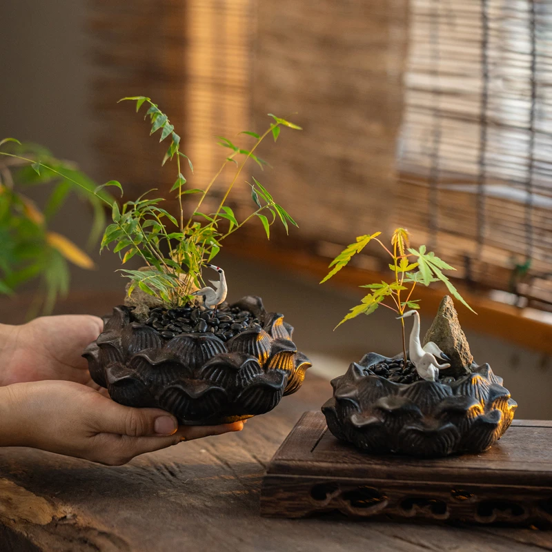 【七呀】新中式风仿石莲花摆件禅意家用绿植微型景观烛台底座装饰