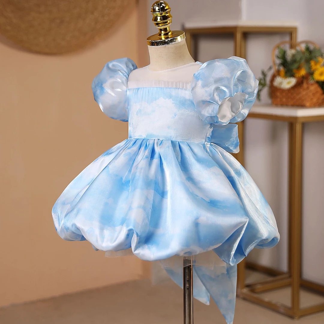 新品《晴天》 儿童公主裙夏女童周岁礼服女宝宝生日公主裙花童蓝色