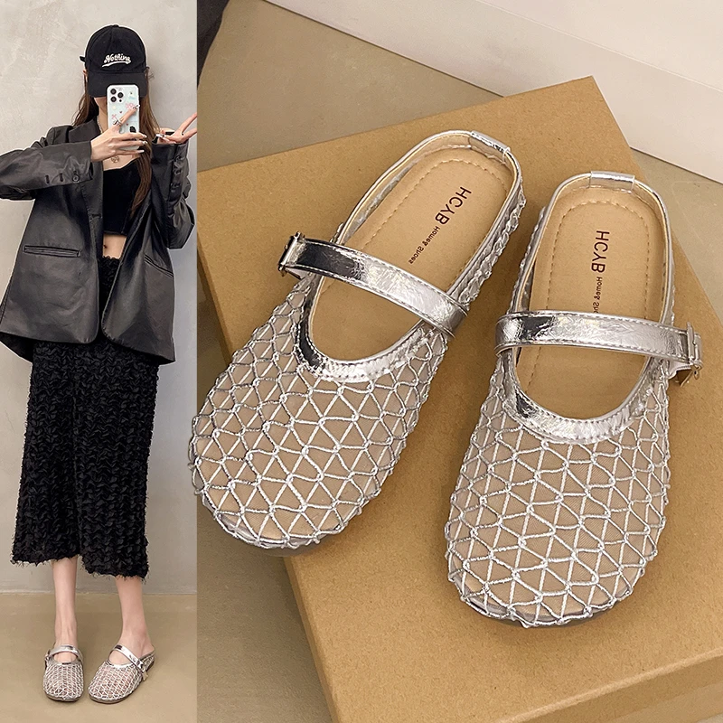 镂空网面包头半拖女夏季2025年一字扣带圆头平底单鞋透气渔网拖鞋
