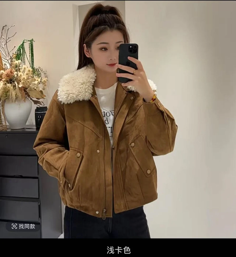 寻一家毛绒翻领鹿皮绒外套女2025秋冬季新款气质高级感加厚棉服