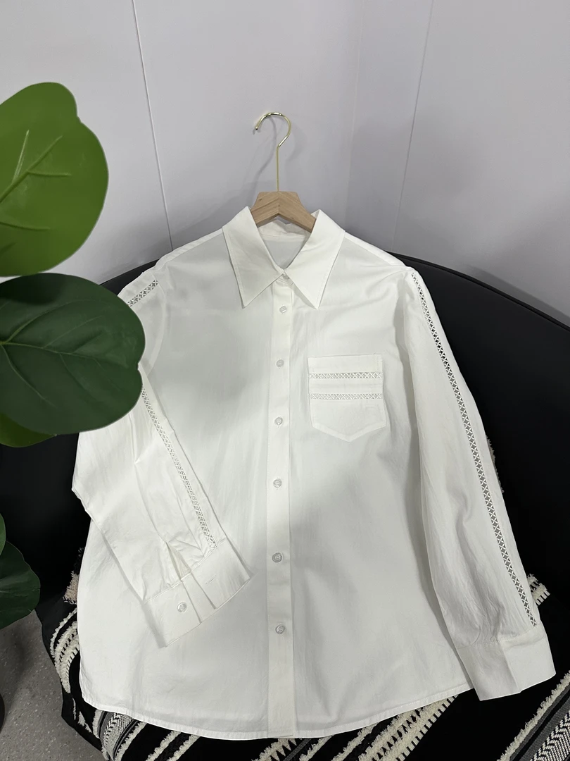 镂空蕾丝菱形格刺绣极简百搭白衬衫