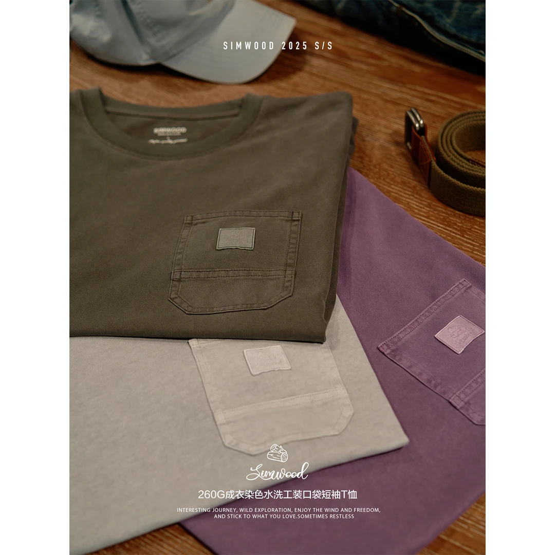 SIMWOOD/简木【宽松版】260g成衣染色水洗工装口袋短袖T恤SO210265