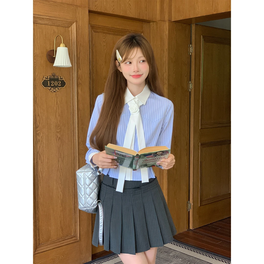 东京岁时记jk新款蓝白条纹长袖衬衫学院风上衣女领带衬衣玫瑰信约