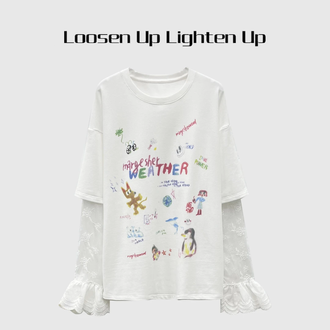Loosen Up【童趣蕾丝假两件】韩国进口绘画涂鸦拼接减龄圆领上衣