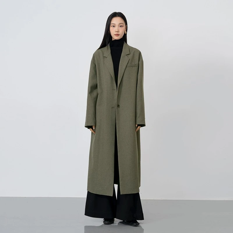 法式极简高级感呢子大衣女2024春季军绿色加长款西装外套L9065