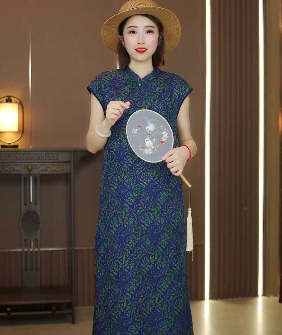 【华裳】时尚国风飞袖复古连衣裙 气质中长款提花改良旗袍