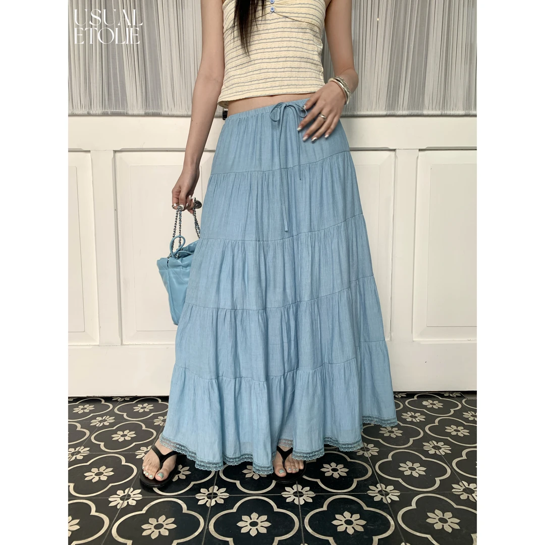 7337#韩版甜美高腰显瘦褶皱设计飘逸大摆蛋糕半身裙