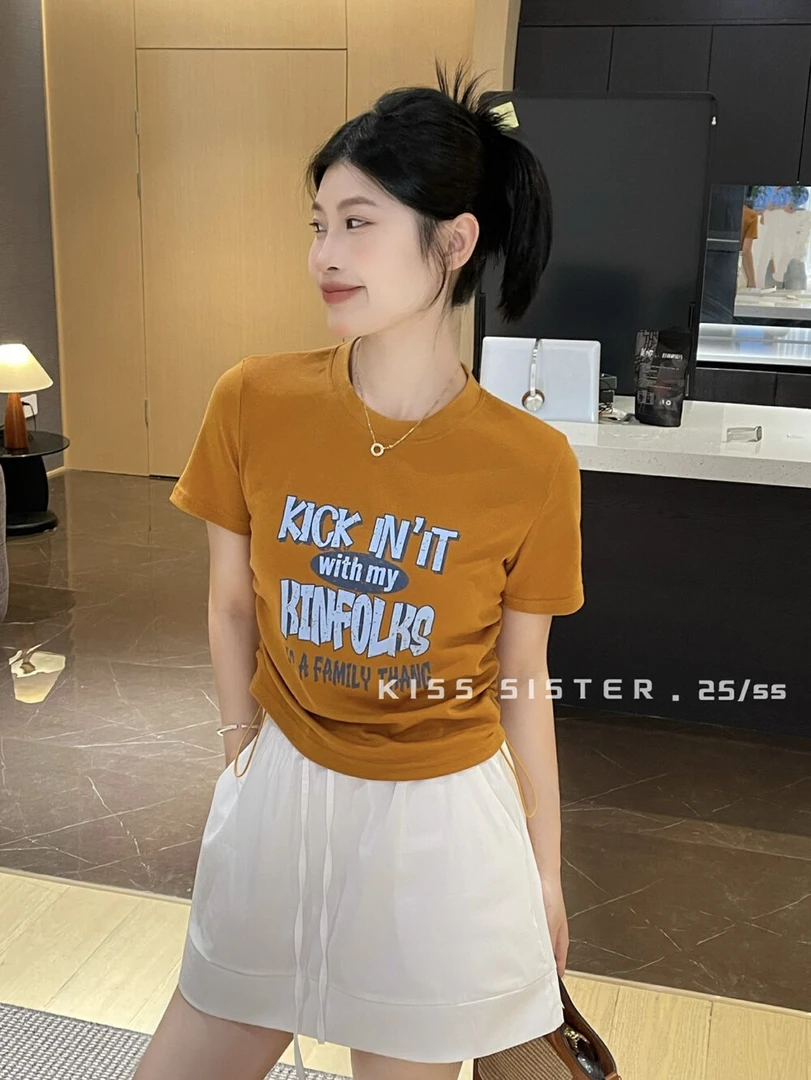 束腰小版T，全棉舒适，俏皮卡通字母印花，时尚
