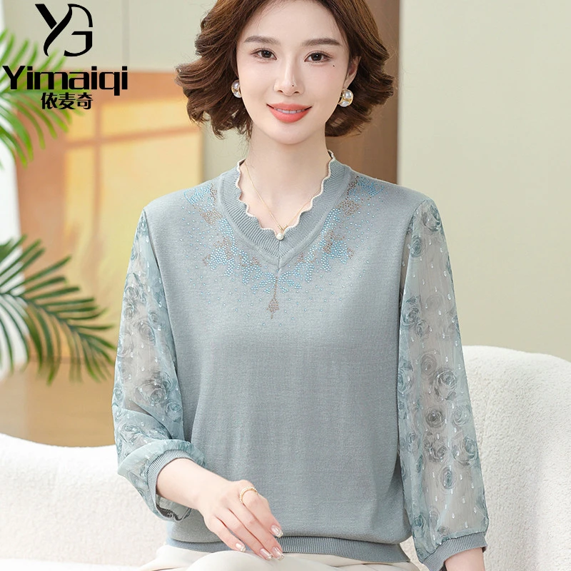 洋气妈妈春夏装针织七分纱袖小衫中老年春装时尚减龄薄款纯色T恤