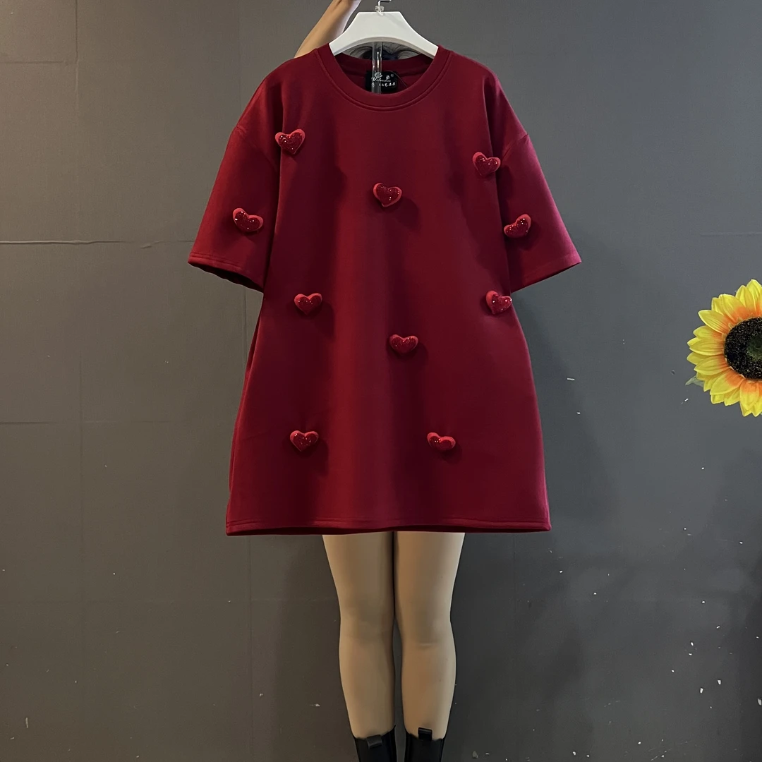 新款时尚立体镶钻爱心高级感宽松显瘦圆领短袖大码百搭T恤上衣