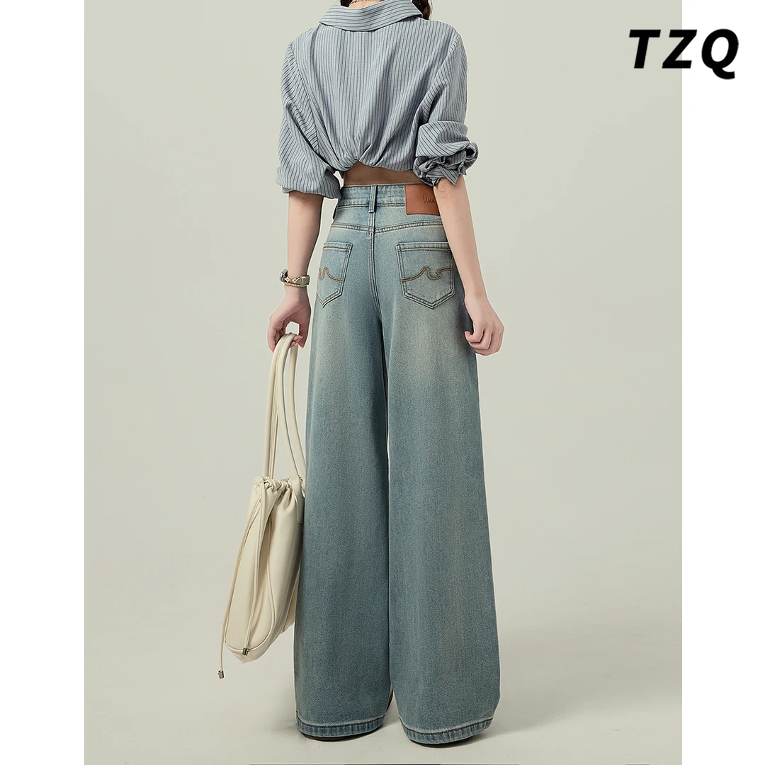 美式复古浅蓝高腰阔腿裤女款爆款2025秋冬季宽松显瘦拖地牛仔裤子