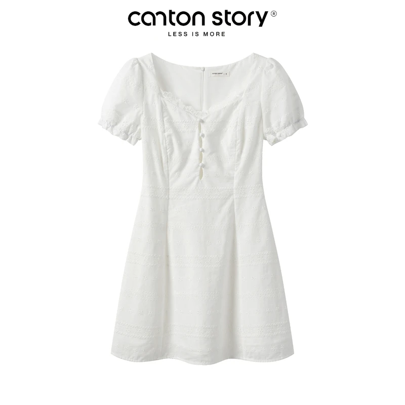 羊城故事【现现】法式v领镂空泡泡袖连衣裙温柔a字短裙 Y50449469