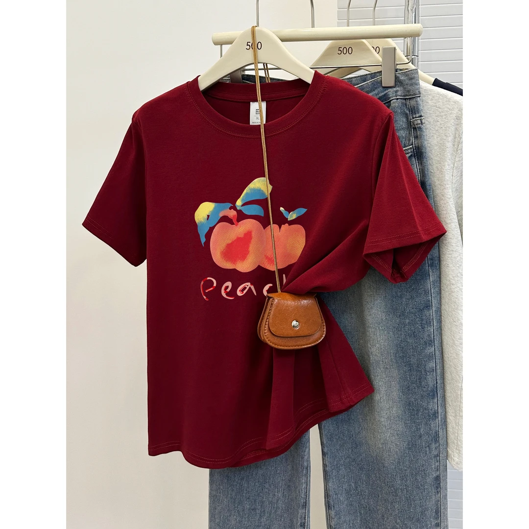 2026新款酒红色圆领正肩短袖t恤女大码胖mm穿搭显瘦时尚洋气上衣