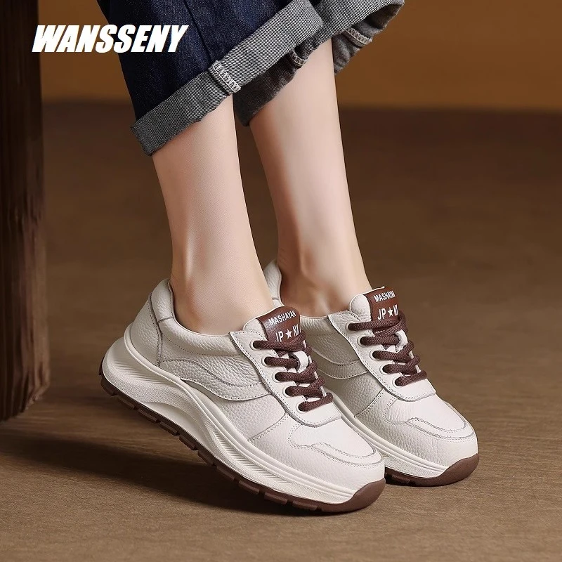 WANSSENY2025年秋冬复古头层牛皮老爹鞋女皮面厚底休闲鞋运动鞋女