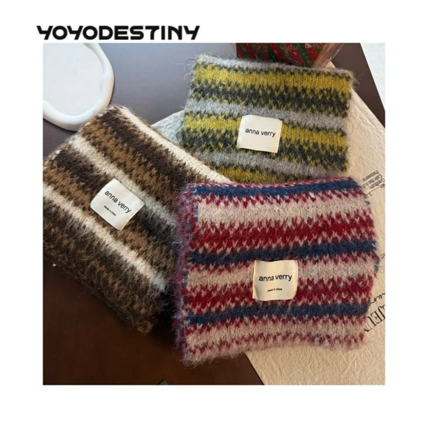 韩系羊毛围巾女秋冬拼色条纹潮ins毛绒保暖针织围脖百搭披肩搭配