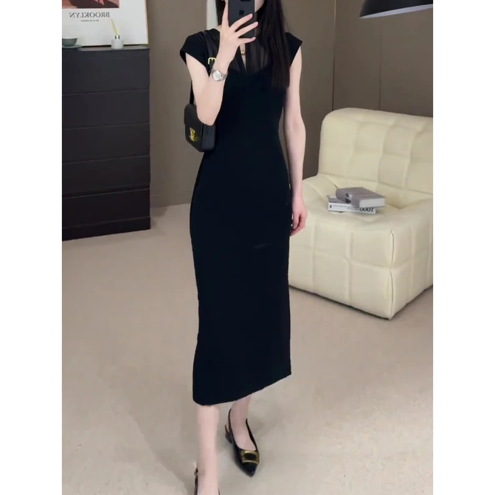韩版简约休闲黑色短袖连衣裙女夏微胖显瘦气质收腰高级感小众长裙