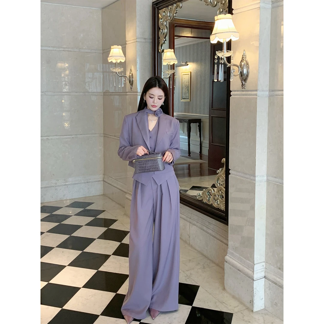 冯薪颖【智感女神】紫色西装小外套马甲阔腿裤四件套套装 25305