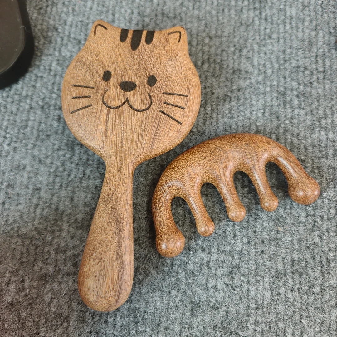 可爱猫脸造型龙凤檀木按摩梳粗齿设计适合各种发型