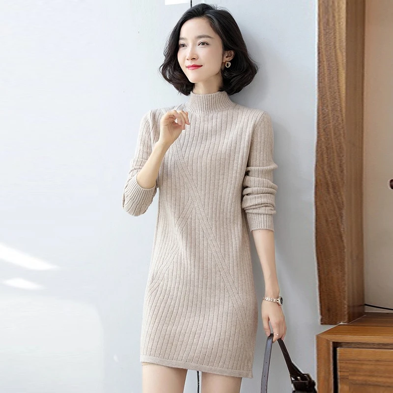时尚羊绒衫女中长款半高领秋冬毛衣裙针织显瘦百搭加厚羊毛打底衫