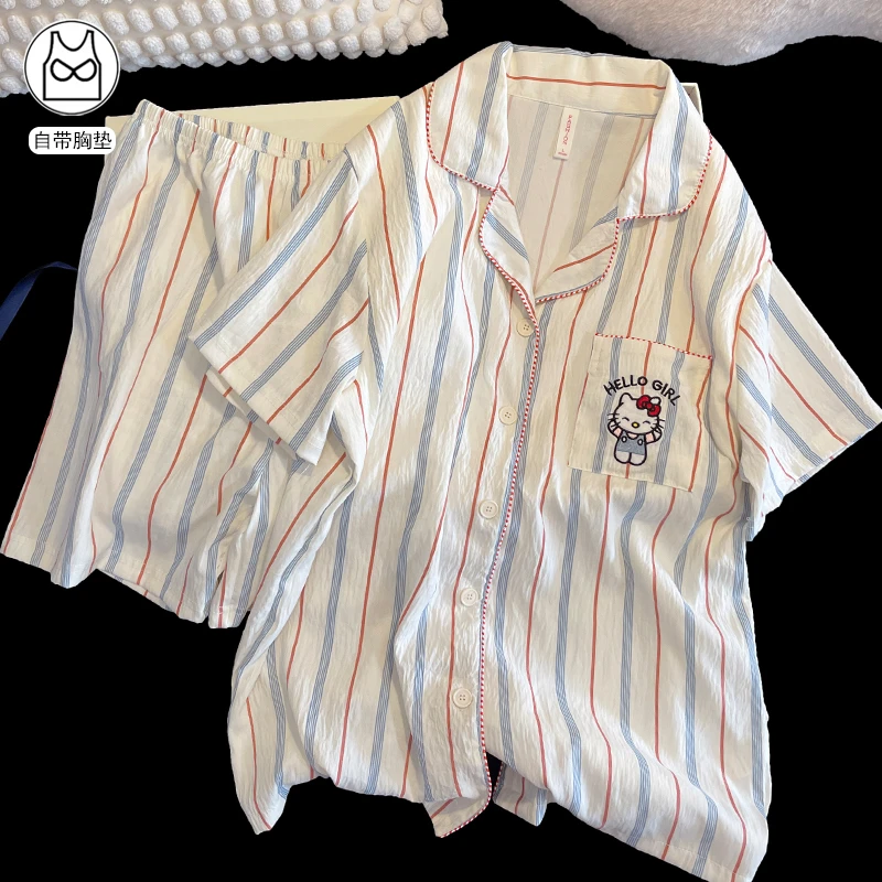 带胸垫睡衣女夏季新款甜美条纹刺绣kt猫短袖ins可外穿夏天家居服