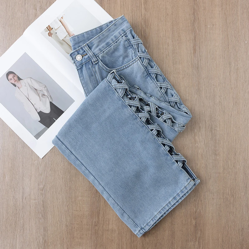 高腰直筒垂感牛仔裤夏凉感牛仔长裤百搭显瘦薄款宽松辣妹阔腿镂空