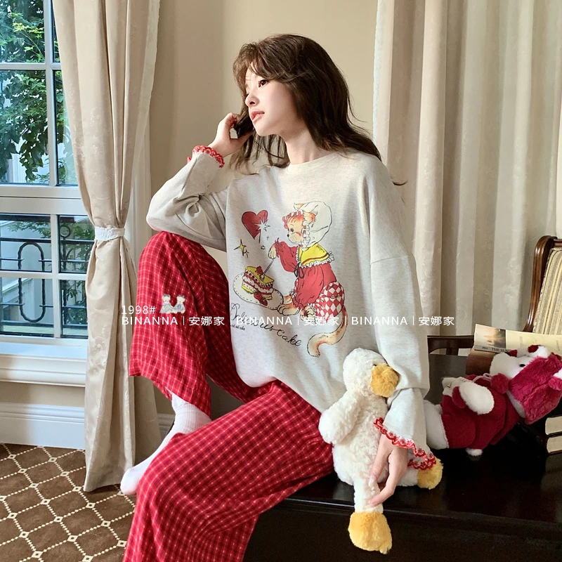 睡衣女款春秋季2025长袖卡通新款针织红格子长裤春秋款套装家居服