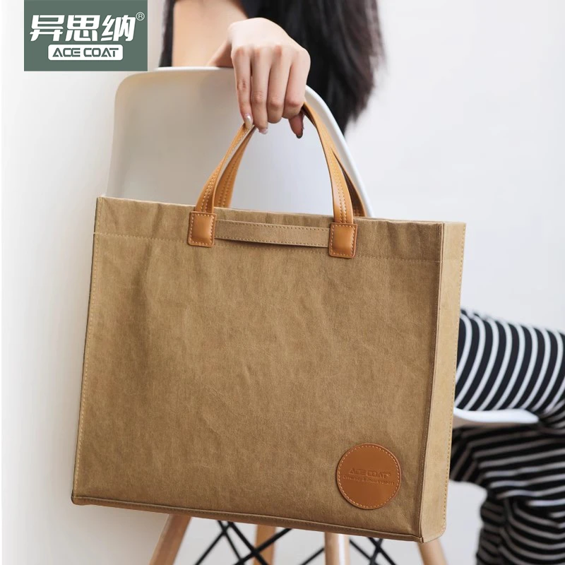 原创水洗牛皮纸手提包通勤笔记本电脑包单肩文件商务休闲托特包