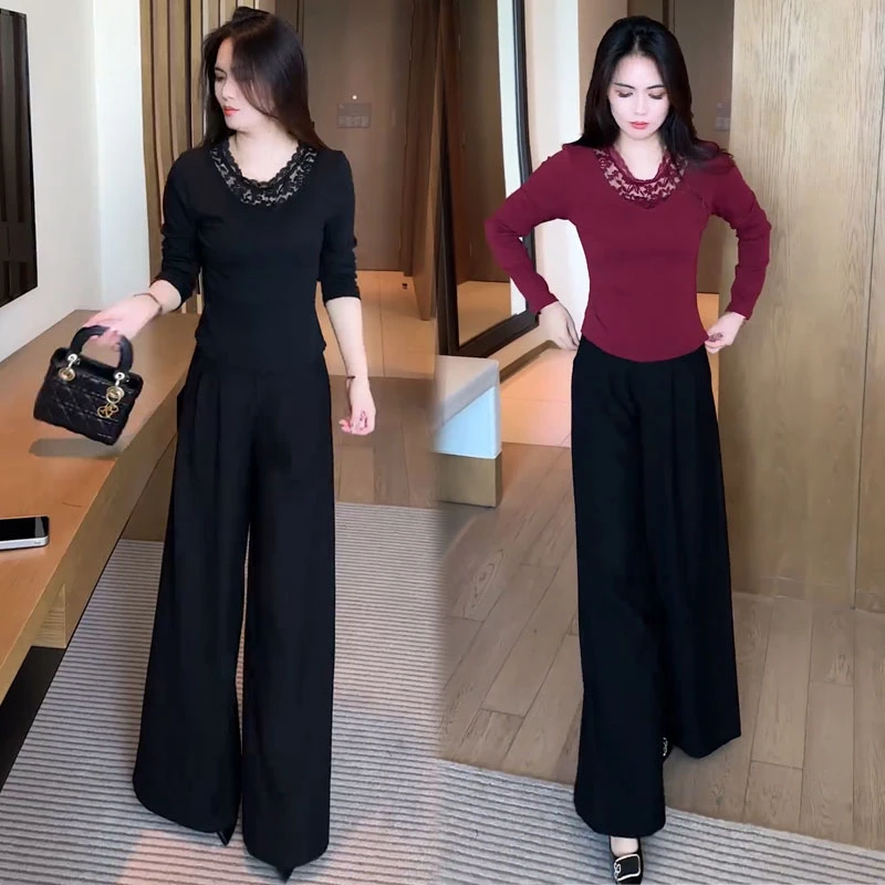 时尚套装女士2025秋季新款时髦洋气蕾丝拼接长袖上衣阔腿裤两件套