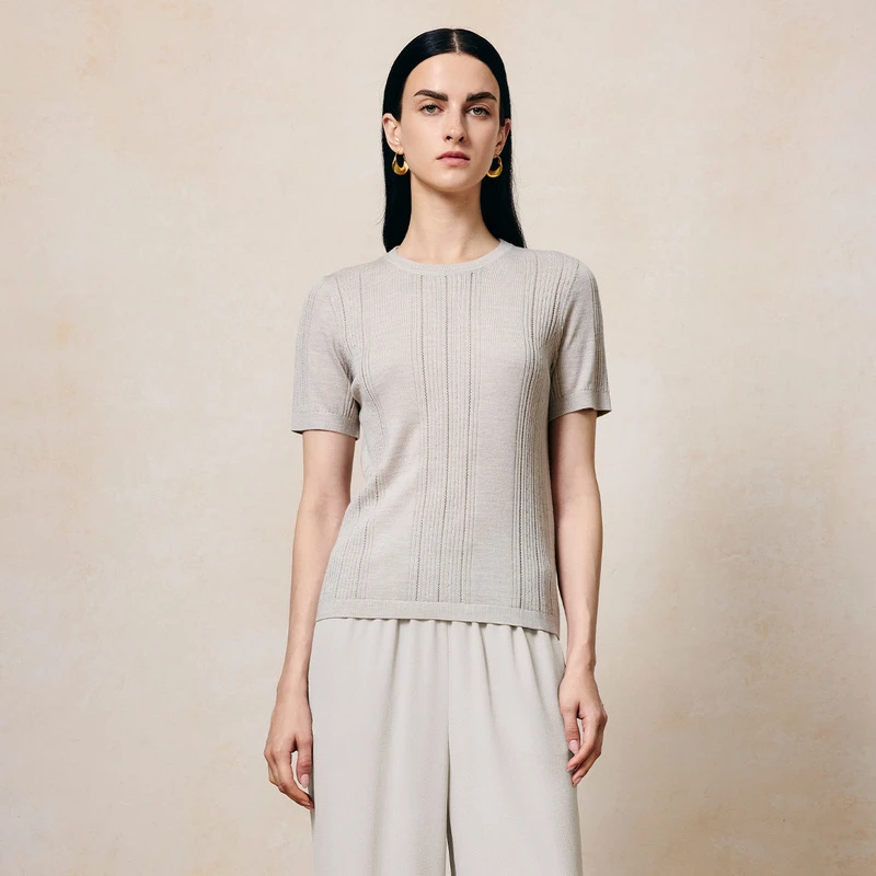 寺山文也 相宜/陷入无尽舒惬 羊毛修身圆领短袖针织T恤女夏