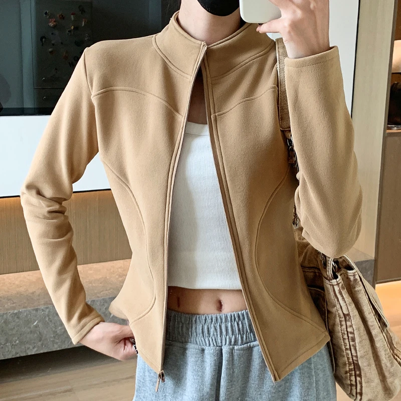 考拉绒外套运动女秋冬新款立领双弧曲线紧身上衣拉链气质开衫长袖