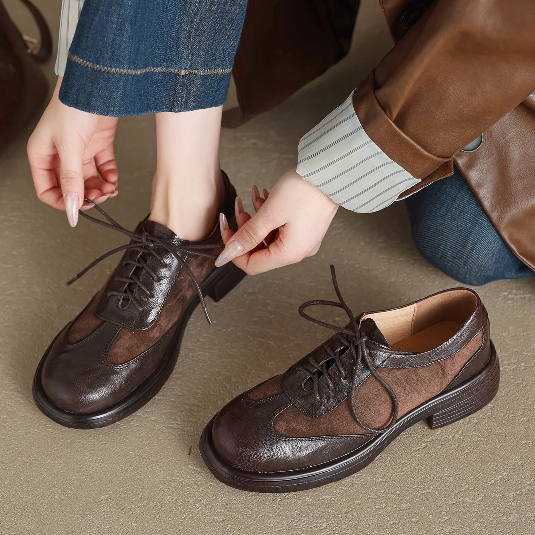 修悦~大码鞋真皮布洛克鞋女鞋英伦复古系带深口小皮鞋厚底德训鞋