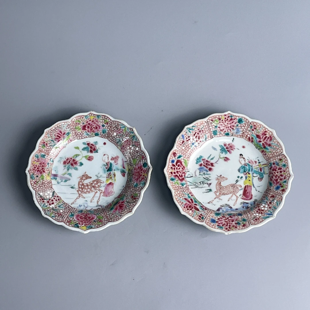 清雍正 粉彩人物菱口盘一对-M25DV000C38