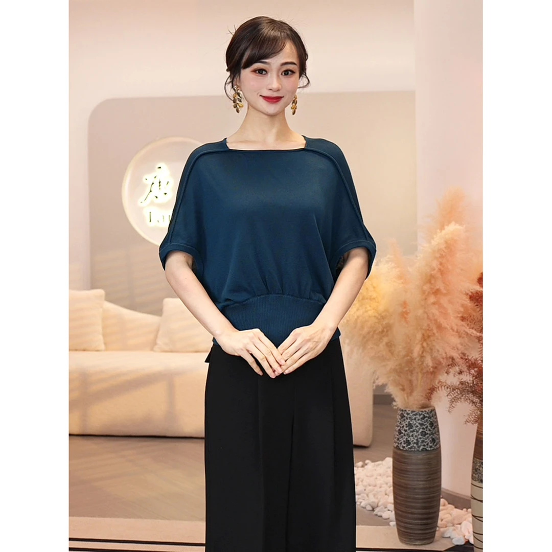 2025夏新【7267】简约洋气女装莱赛尔天丝蓝色设计师圆领针织小衫女
