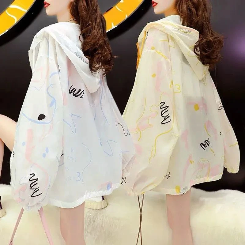 印花衣女夏季新款韩版百搭洋气防紫外线透气连帽服薄外套
