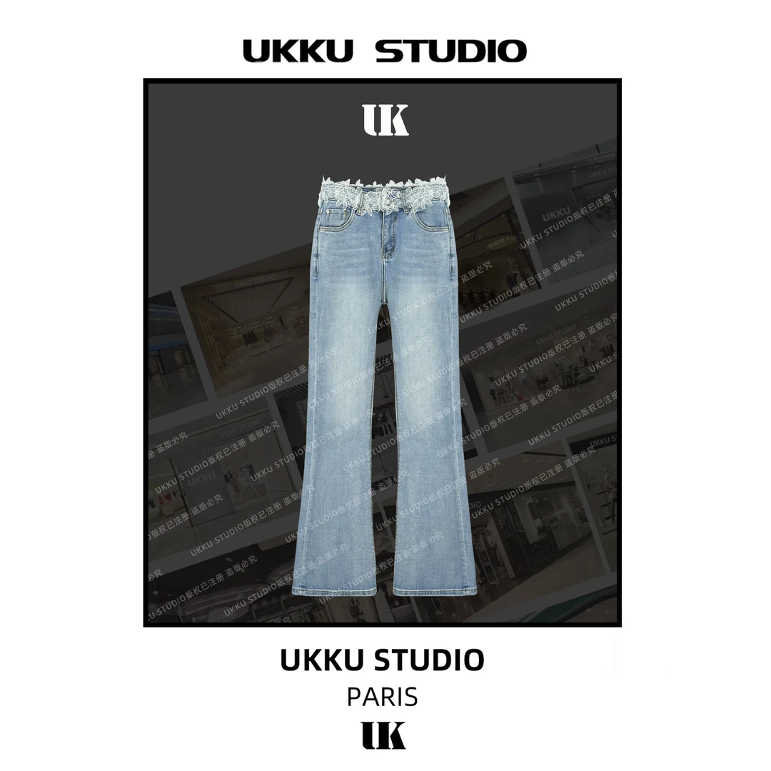 ZJ【UKKU STUDIO】蕾丝满天星原始蓝烫钻显瘦喇叭牛仔裤213877