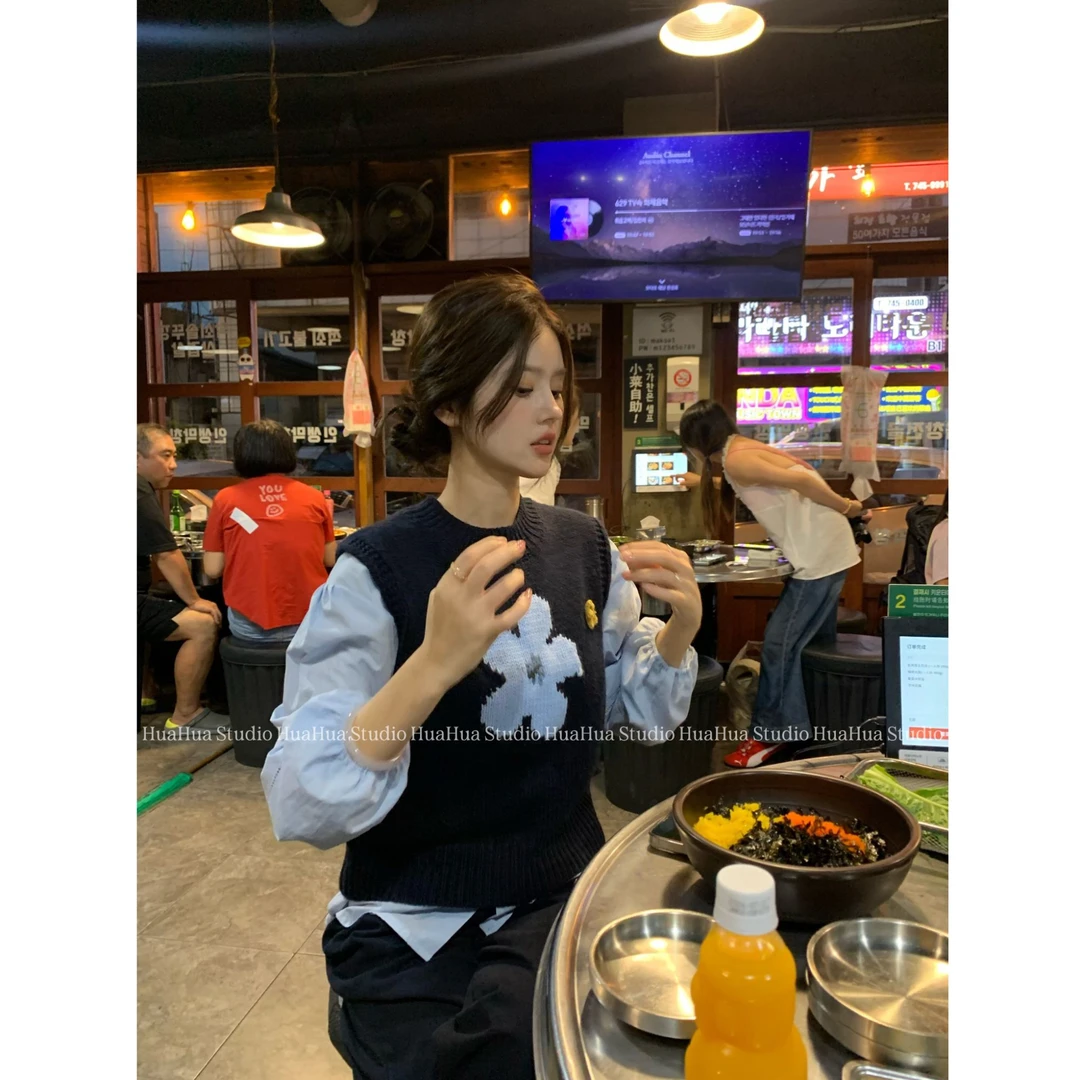 【花花】小花假日~小蓝花粗针立体钩针圆领针织背心