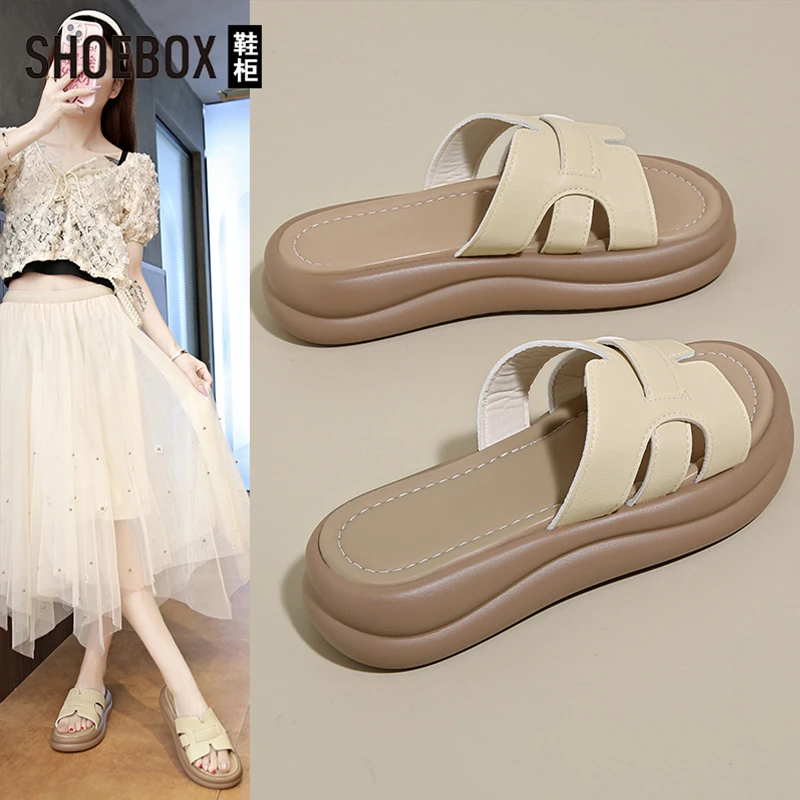 SHOEBOX鞋柜百搭软底舒适一字拖2025夏季新款休闲沙滩女士凉鞋