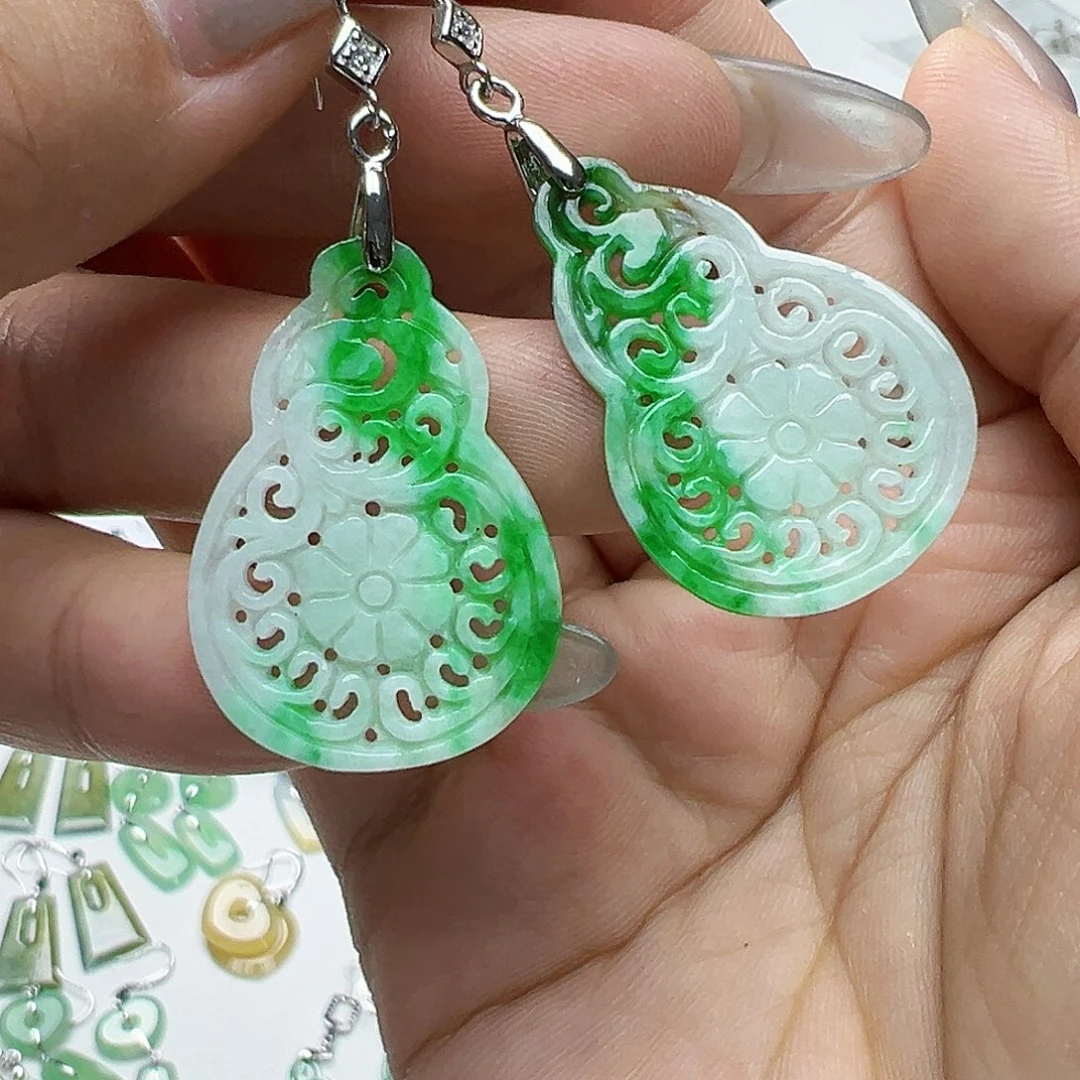 翡翠银S925镶嵌耳饰绻***风天然缅甸A货翡翠