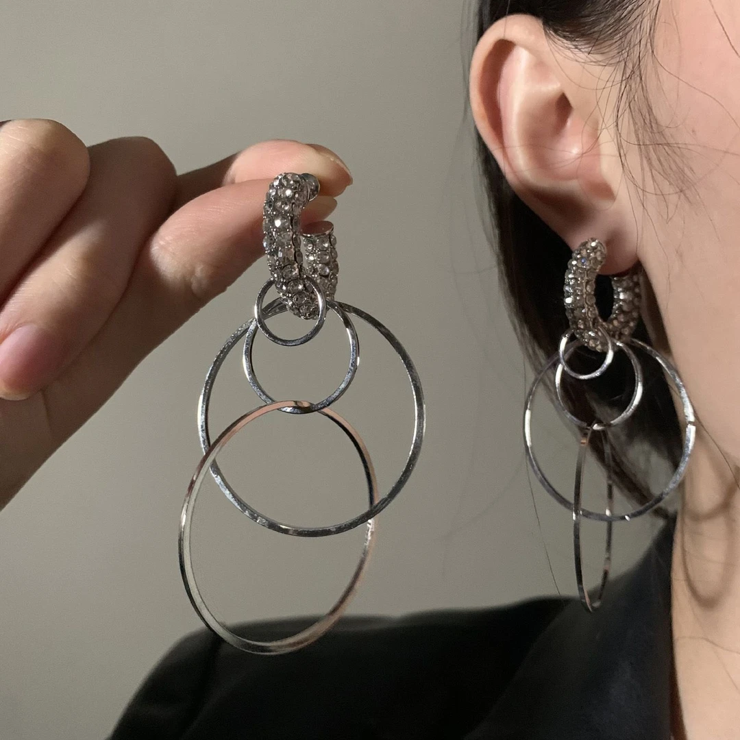 冷淡风银色多层大圆圈耳环时尚个性辣妹耳钉小众独特夸张百搭耳饰